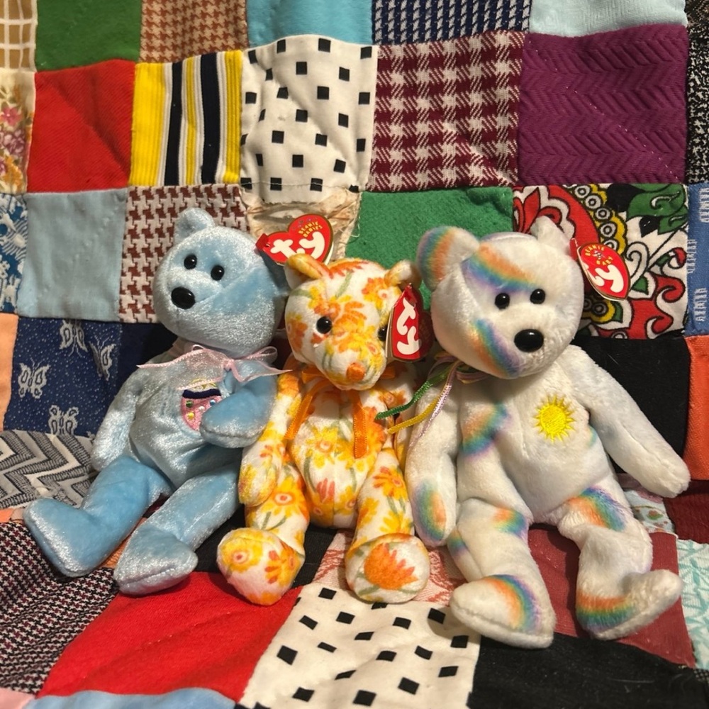 Ty Plush Bear Trio - Light Blue Easter, Yellow Floral, Rainbow-Accented White